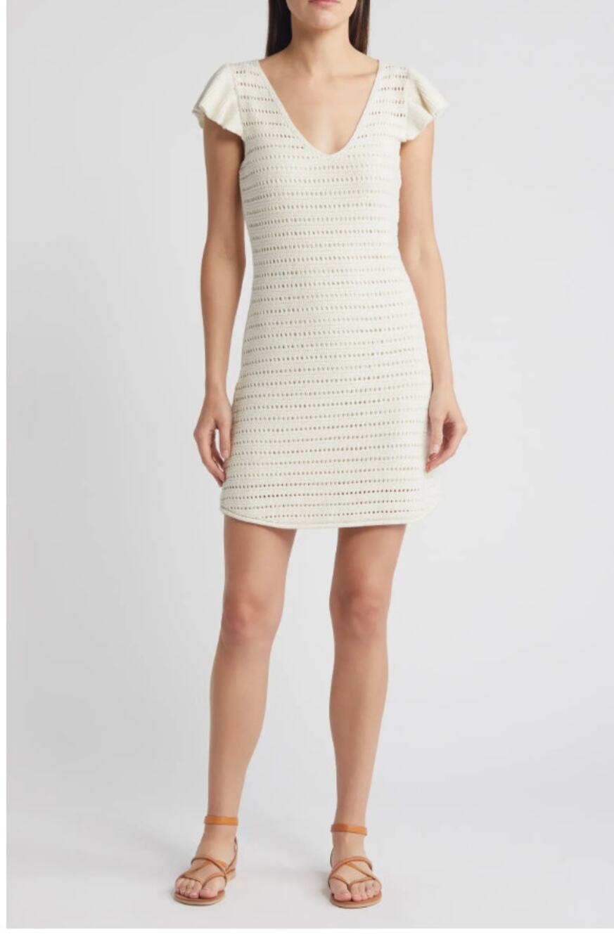 Nordstrom Cream Crochet Boho Knit Mini Dress NWT- Flutter Sleeve Cottagecore